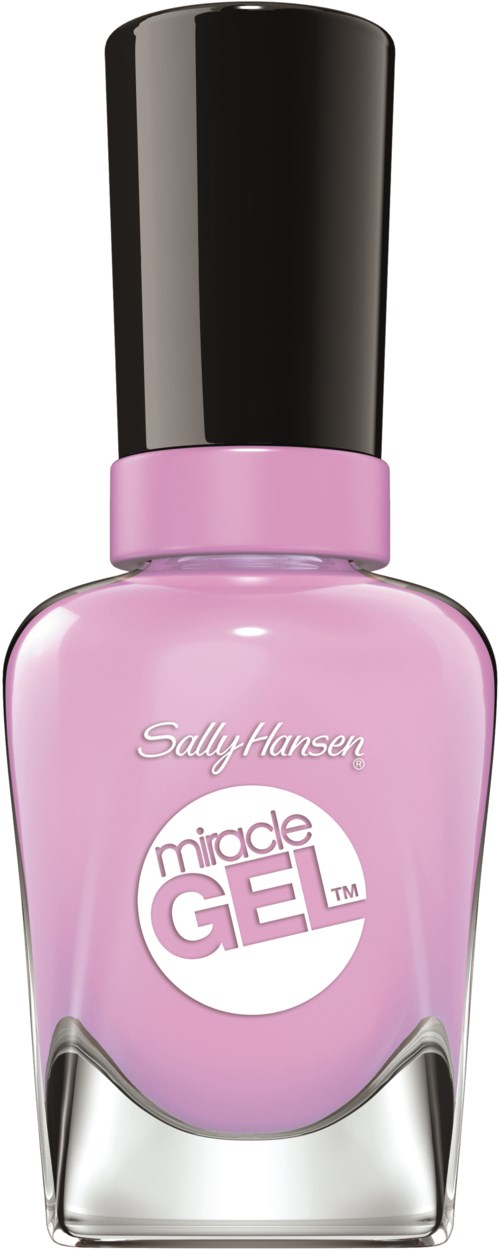 En lyserød neglelakflaske med sort hætte, mærket 'Sally Hansen miracle GEL' og en sølvbund.