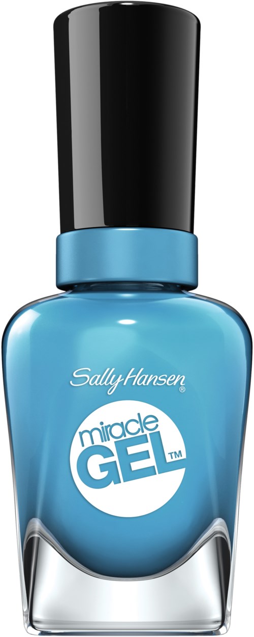 En blå nagellackflaska med svart lock, märkt 'Sally Hansen miracle GEL'.