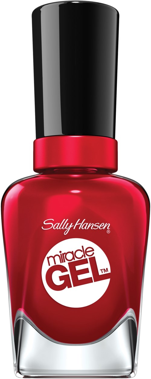 En röd nagellackflaska med svart lock och vit etikett, märkt 'Sally Hansen Miracle Gel.'