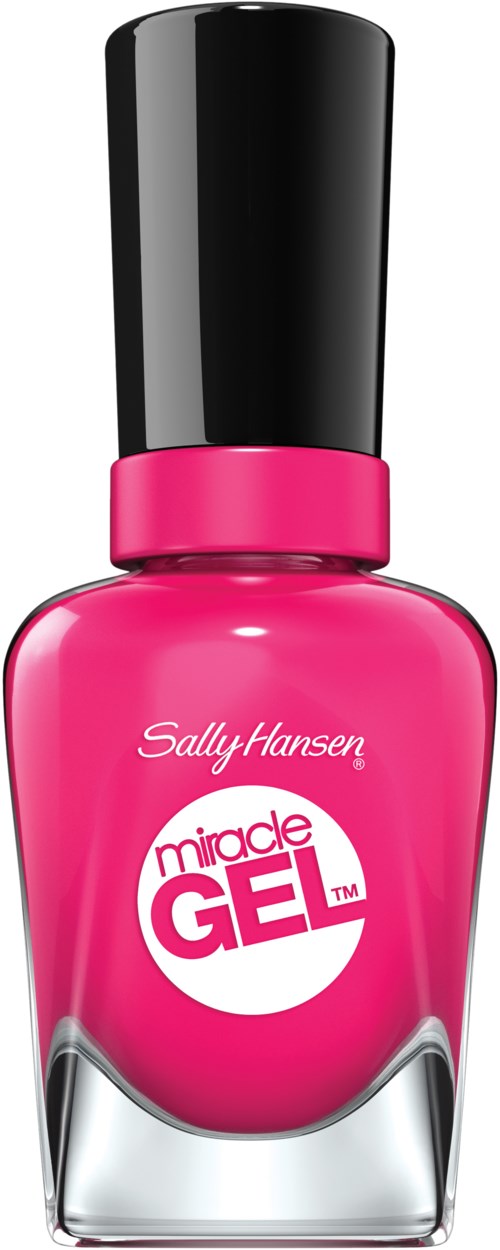 Nagellackflaska i rosa färg med varumärket Sally Hansen och produktnamnet Miracle Gel.