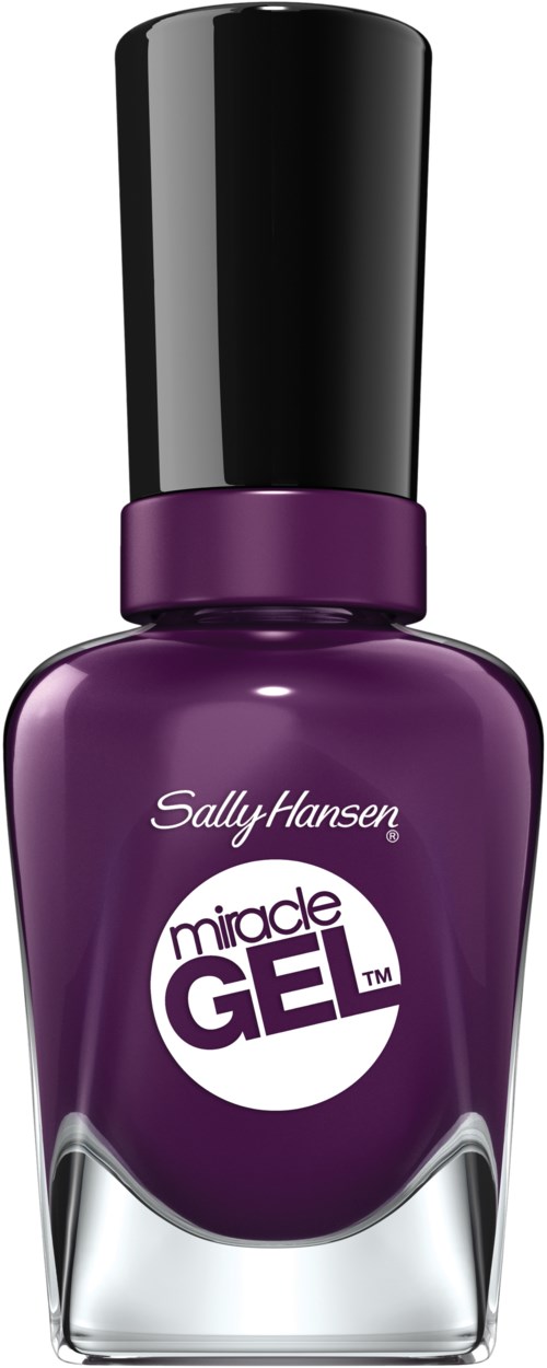 Lila nagellackflaska med märket Sally Hansen och Miracle Gel skrivet på.