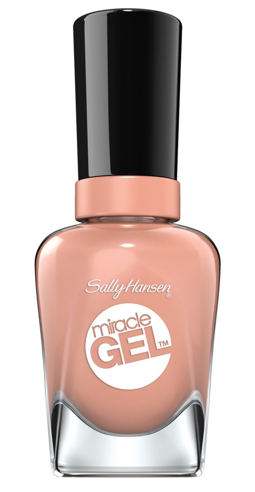 En flaska Sally Hansen Miracle Gel nagellack i en rosa nyans med svart kork.