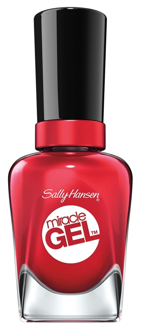 En röd nagellackflaska med svart lock och Sally Hansen-logga, märkt Miracle GEL.
