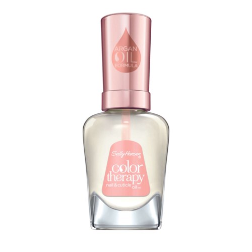 En nagellackflaska med rosa lock och etikett, innehållande vitt nagellack med namnet 'Color Therapy' av Sally Hansen.