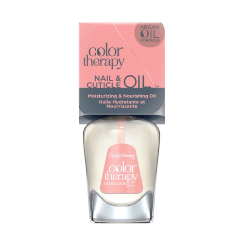 Nagelolja i flaska med rosa etikett och färgglad förpackning, främjar näring och fuktighet för naglar och nagelband.