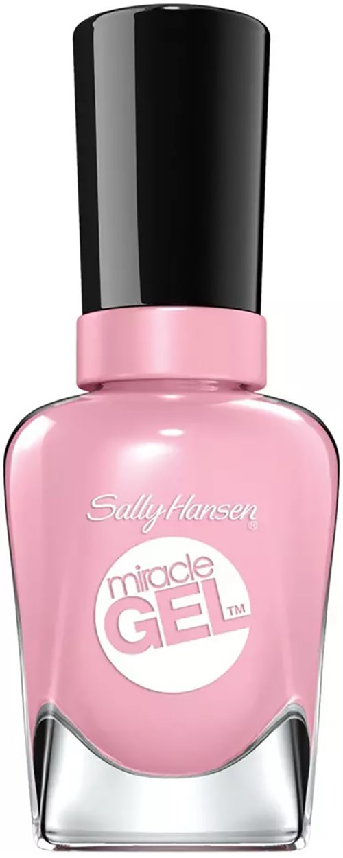 Nagellackflaska i rosa med svart lock, märkt 'Miracle Gel' av Sally Hansen.