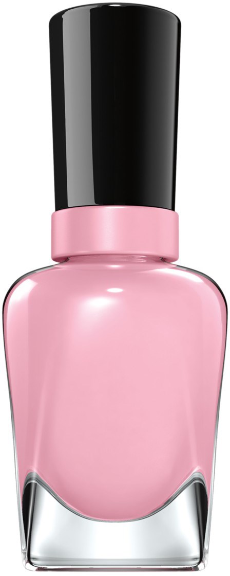 En rosa nagellackflaska med svart lock och silverbas.