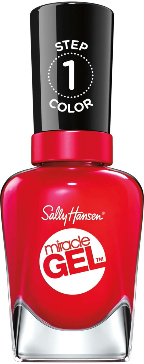 Röd nagellackflaska från Sally Hansen med stegl 1 färglapp. Den har svart lock och en tydlig botten.