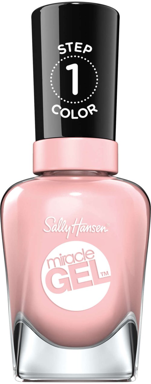 En rosa Sally Hansen Miracle Gel nagellackflaska med svart lock som visar steg 1 för färg.