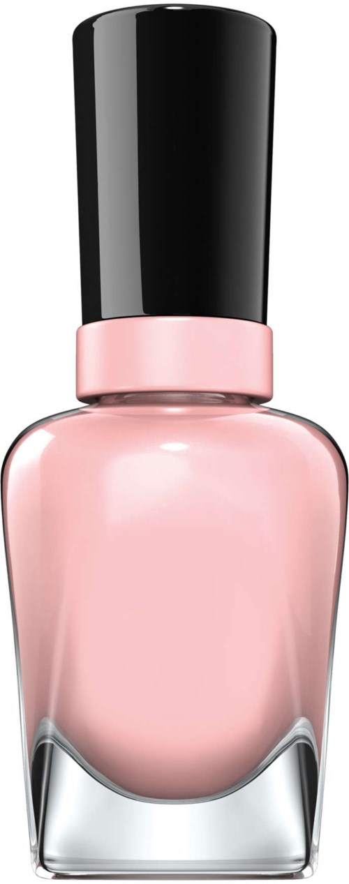 En ljusrosa nagellackflaska med svart lock och rosa krage.