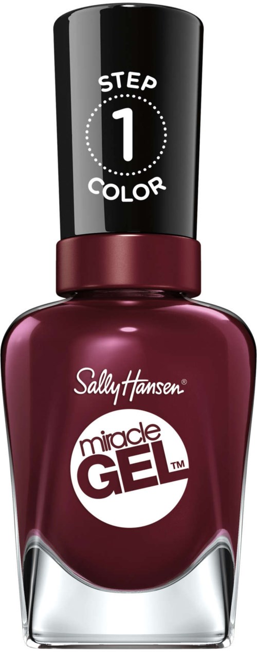 En flaska Sally Hansen Miracle Gel nagellack i mörkröd med svart lock, visar steg ett för färgen.