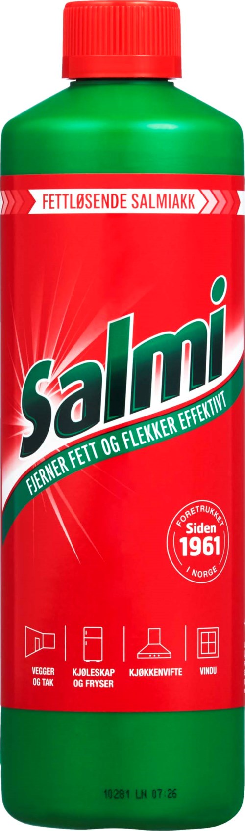 En grønn og rød flaske med Salmi, et saltbasert rengjørings- og avkalkningsmiddel, med rødt lokk og etikett som viser bruksområdene.