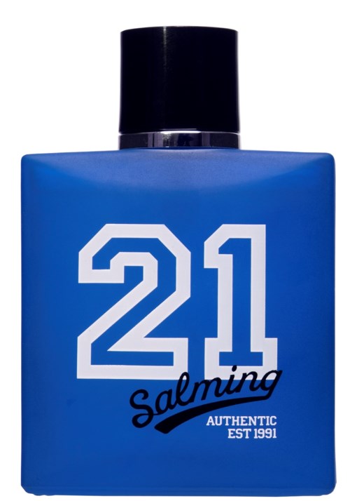 Blå flaska med stora vita siffror '21' och svart text 'Salming' och 'Authentic EST 1991'.