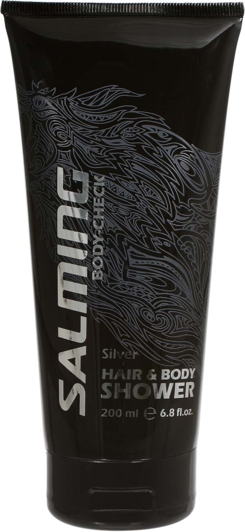 En svart tube märkt 'Saltung Silver Hair & Body Shower' med blå och vita designelement.