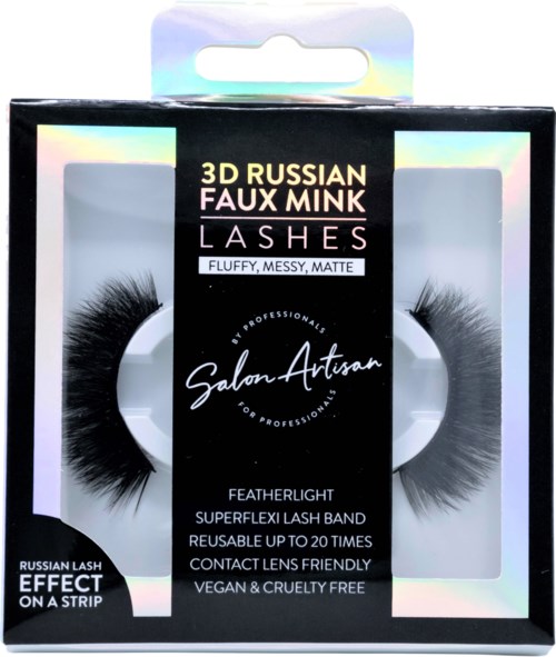 Förpackning med konstgjorda ögonfransar märkt '3D Russian Faux Mink Lash' med beskrivningar som återanvändbara, veganska, djurvänliga.