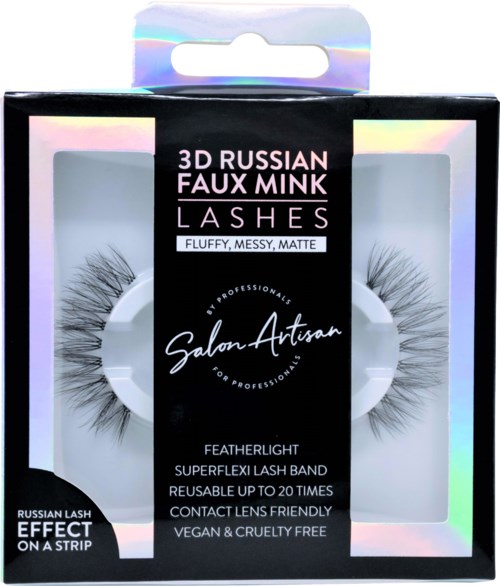 Det här är en box med 3D-falska minkögonfransar, svart med långa, fluffiga och naturliga fransar. Det nämns att de är återanvändbara och cruelty-free.