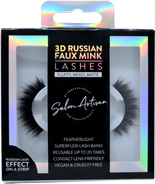 Falska mink-fransar, fluffiga, rufsiga, matta, på en svart låda med holografiska kanter, återanvändbara, cruelty-free, med produktinformation.