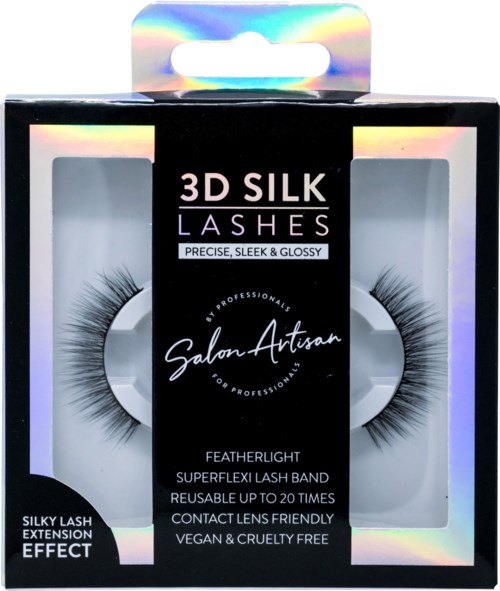 Verpackung mit 3D Seidenwimpern, schwarzes Design, klare Wimpern, holografische Akzente, Text über Wimperneffekt und cruelty-free.