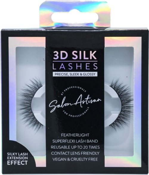 En låda med 3D-silkesögonfransar med titeln 'Featherlight' och information om återanvändning, vegan och cruelty-free.