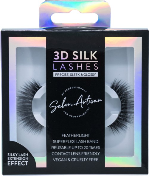 Schwarze Box mit klaren Fenstern enthält falsche Wimpern mit Marke 3D SILK LASHES. Text beschreibt Eigenschaften und Marke.