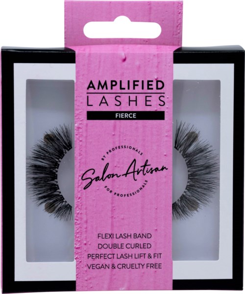 Förpackning med falska ögonfransar märkt 'Ampliied Lashes Fierce' i svart och rosa förpackning.