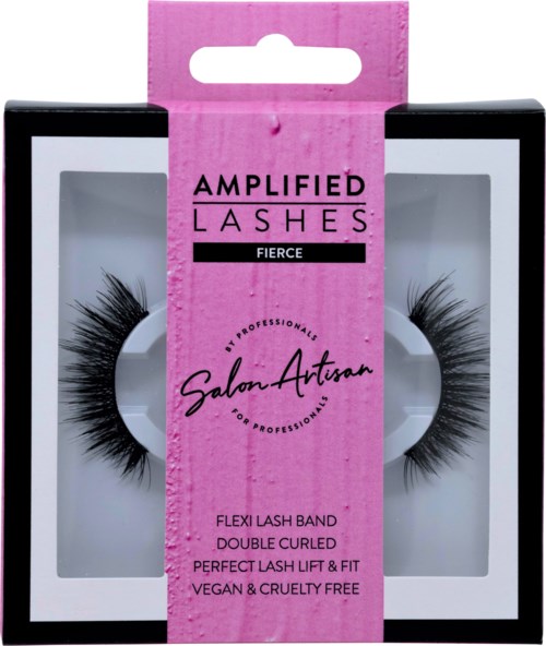 Box of false eyelashes labeled 'Amplified Lashes Fierce, Salon Artisan.' Double curved, voluminous, vegan, cruelty-free.