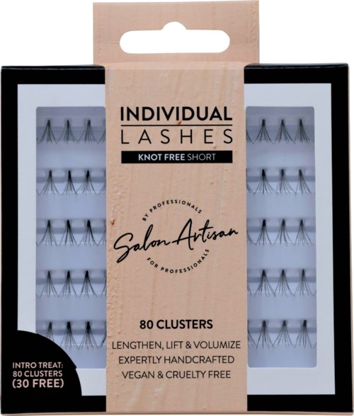 Nagellim för konstläppar i ett transparent paket, märkt 'Individual Lashes' med 80 kluster, vegan och cruelty-free, för professionellt bruk.