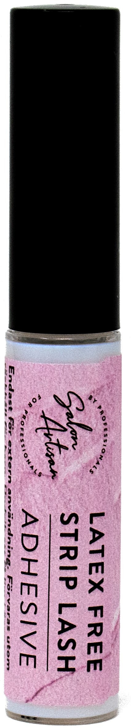 Ljusrosa läppglanstub med svart lock, märkt "Latex Free, Waterproof, Lipstick, Adhesive, Stretch, Fash".