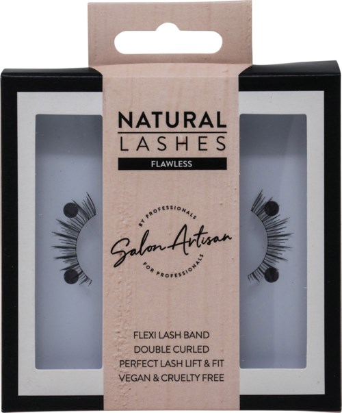 Förpackning med falska ögonfransar, märkt som naturliga, professionella och cruelty-free.