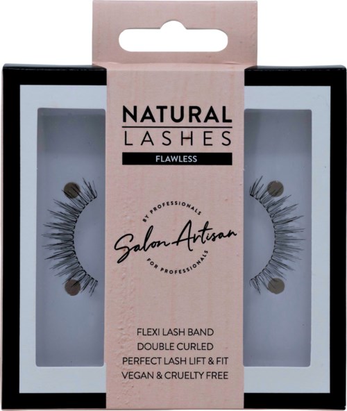 Verpackung für natürliche Wimpern, zeigt zwei Sets mit gekräuselten, doppelten Wimpern, auf einer rosa und schwarzen Verpackung.