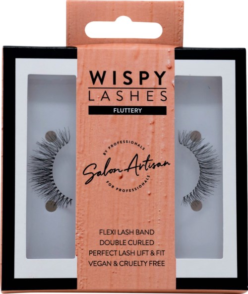 Förpackning med lösögonfransar, svart och rosa förpackning, innehåller produktdetaljer och varumärket "Wispy Lashes."
