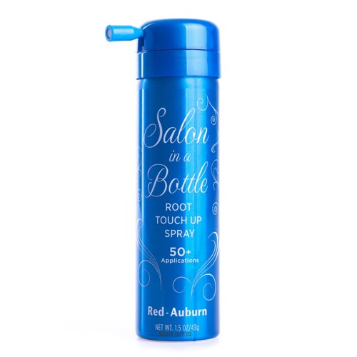 En blå sprayflaska med vitt text, märkt "Salon in a Bottle Root Touch Up Spray," säger att den har över 50 användningar.