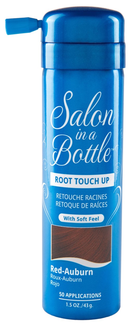 Blå sprayflaska för hårfärg, märkt 'Salon in a Bottle, Root Touch Up, Red-Auburn, 50 appliceringar.'