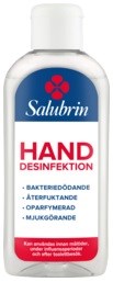 En vit flaska med blå och röd etikett för handdesinfektion, inklusive text om antibakteriellt och hudskydd.