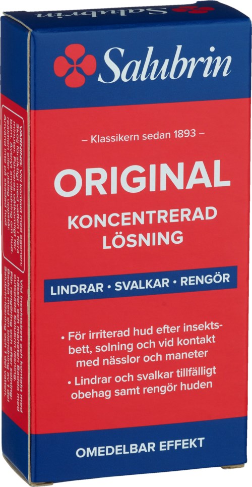 Een doos Salubrin, een huidbehandelingsoplossing, met rood en blauw ontwerp, productbeschrijving en voordelen vermeld.