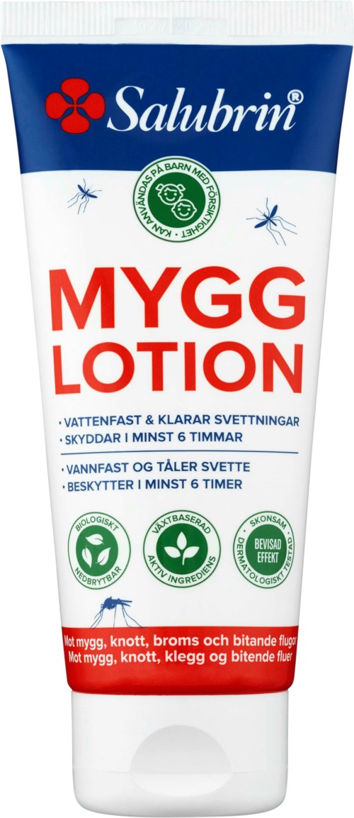 Een tube Salubrin MYGG LOTION met rode en blauwe kleuren, bevat muggenwerende ingrediënten en bescherminformatie.