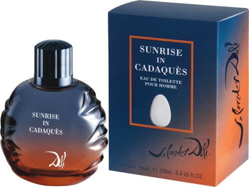 En parfyllåda och flaska med blå och orange design, märkt 'Sunrise in Cadaquès'.