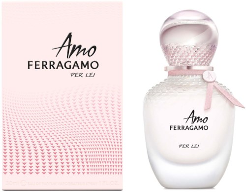 A perfume bottle and box with pink design, black and pink text, and a pink ribbon on the bottle.