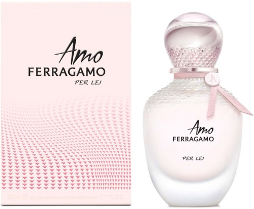 A perfume bottle and box labeled 'Amo Ferragamo Per Lei' with pink and white colors and a dotted pattern.