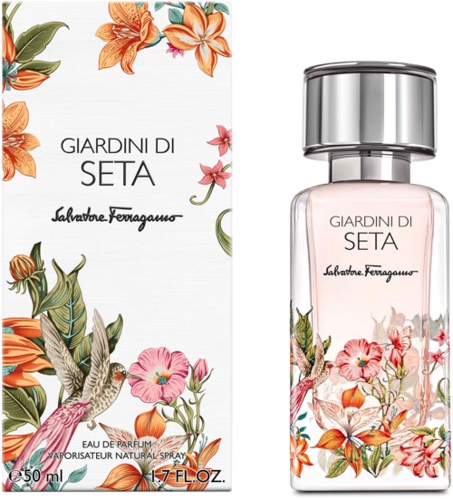 En parfymeflaske og eske med blomster og kolibrier, med teksten 'Giardini di Seta' og 'Salvatore Ferragamo'.