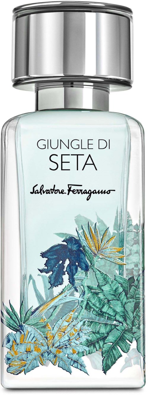 Ein Parfümflasche mit dem Namen 'Giungle di Seta', Pflanzenillustration, silberner Deckel und hellblaue Flüssigkeit.