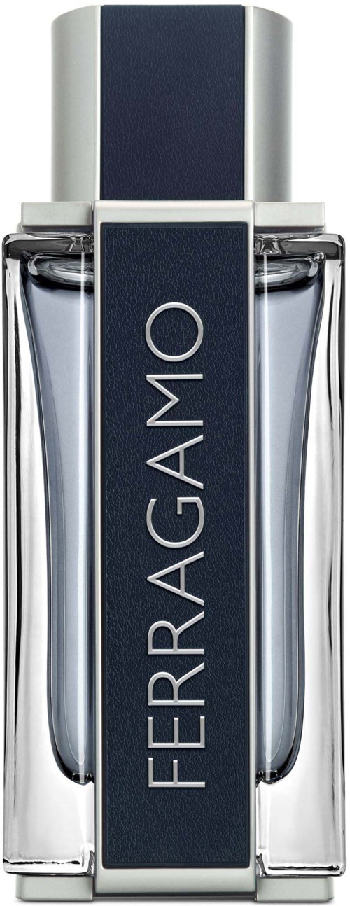 En elegant parfymeflaske i sølv og blått med navnet 'Ferragamo' på en vertikal etikett.