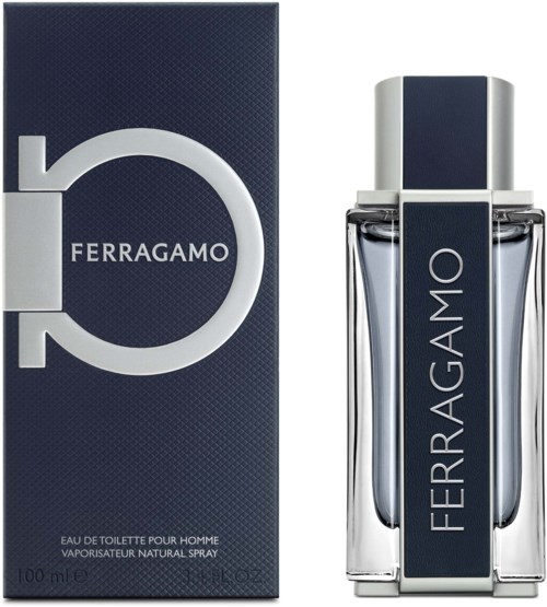 En Ferragamo-parfymeflaske og eske vises, begge med merkenavnet og elegant design.