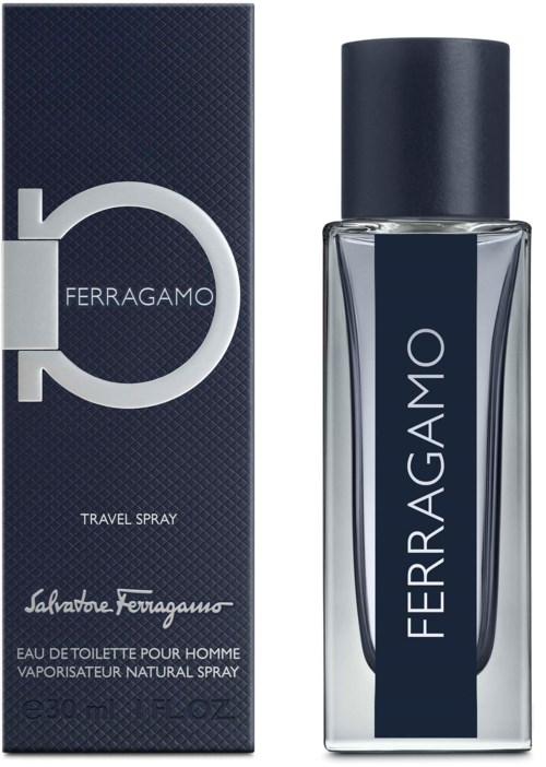 Ein Ferragamo-Reisesprühdose und Verpackung, elegantes Design, dunkles Blau und Silber, mit deutlich sichtbarem Markennamen.