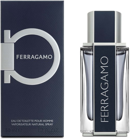 En parfyrelfa og eske med Ferragamo-logg, enkel mørk blå og sølvfarger, elegant design.