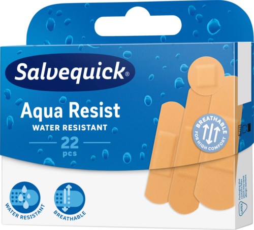 Packaging for aqua-resist bandages, 22 pieces, flexible, water-resistant, breathable, designed for high comfort.