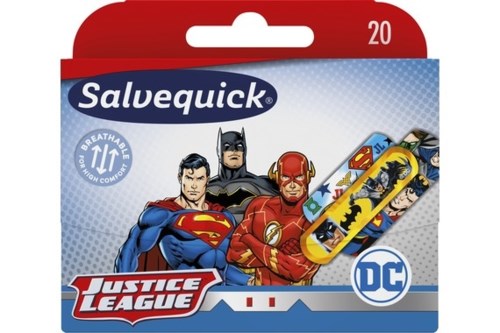 En förpackning Salvequick-plåster med Superman, Batman, Flash och andra DC Comics-karaktärer.