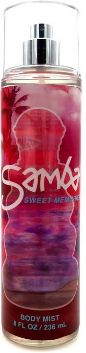 Butelka spray do ciała w różowych i fioletowych kolorach, z zachodem słońca i tekstem 'Samba Sweet Melon'.