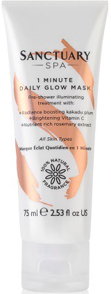 En tube med Sanctuary Spa daglig glow mask med oransje og hvite farger, flaske og tekst som beskriver fordeler og ingredienser.