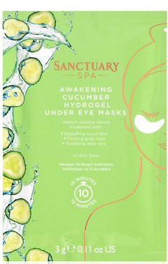En grønn hudpleieetikett for Sanctuary Spa's Agurkhydrogel Under Eye Masks, med agurksillustrasjoner og bruksanvisning.